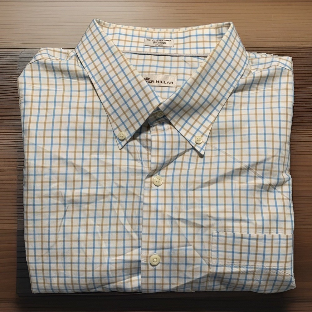 Peter Millar Mens XXL Shirt Nanoluxe Easy Care Blue Tan Tattersall Check Cotton